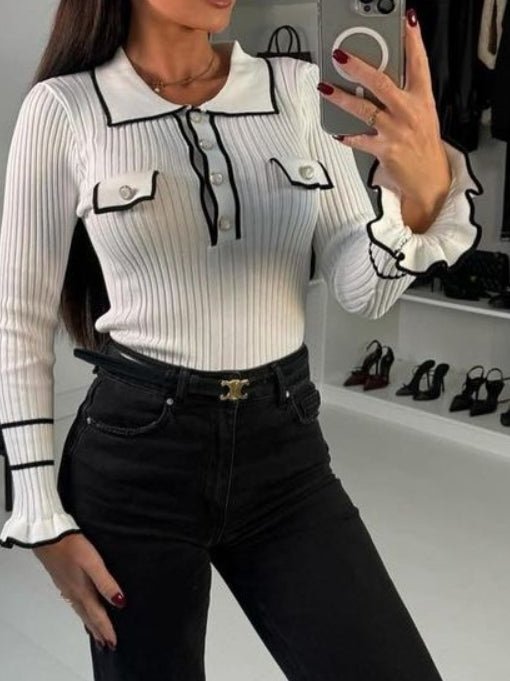 Maglia in viscosa con bottoni morbido e caldo volant aderente elasticizzato Bianco Level Stores