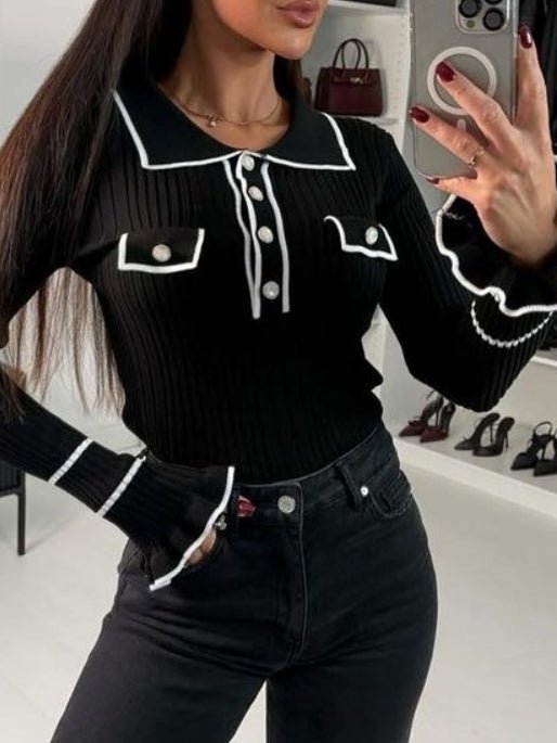 Maglia in viscosa con bottoni morbido e caldo volant aderente elasticizzato Nero Level Stores