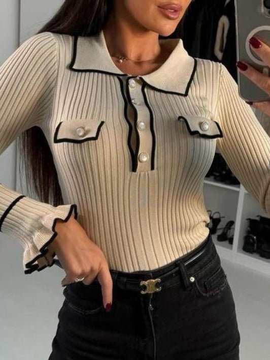 Maglia in viscosa con bottoni morbido e caldo volant aderente elasticizzato Beige Level Stores