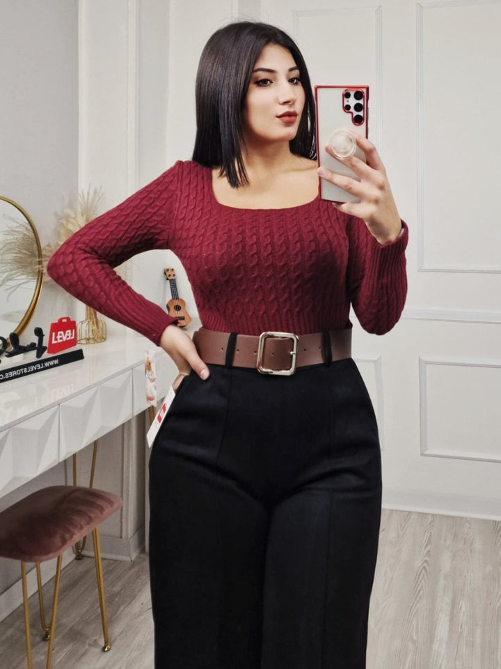 Maglia modello corto Scollo quadrato, motivo a intreccio e manica lunga morbido e caldo Bianco Level Stores