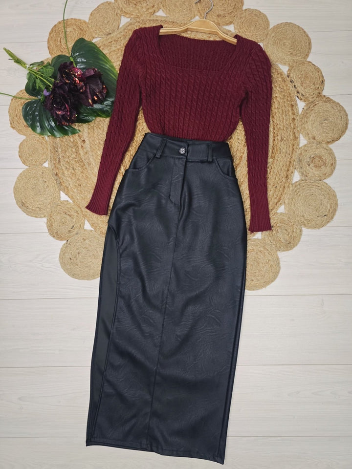 Maglia modello corto Scollo quadrato, motivo a intreccio e manica lunga morbido e caldo Bianco Level Stores