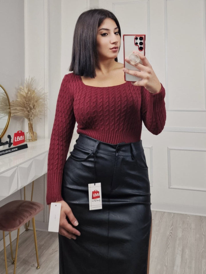 Maglia modello corto Scollo quadrato, motivo a intreccio e manica lunga morbido e caldo Nero Level Stores