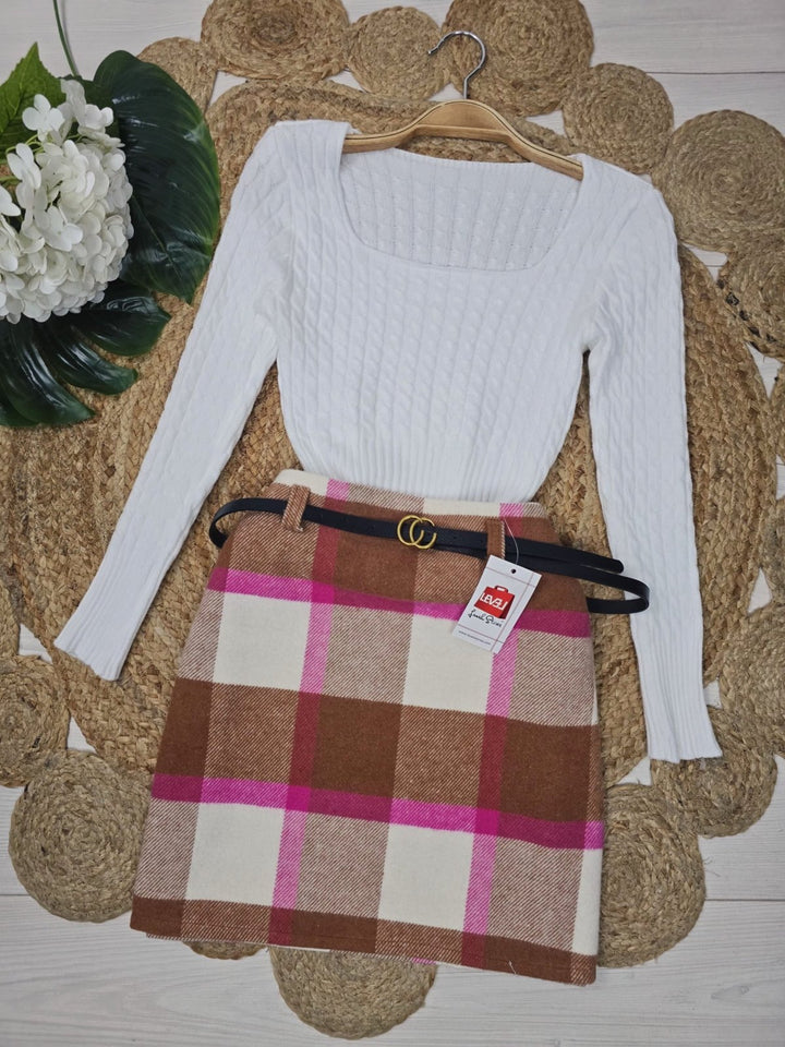 Maglia modello corto Scollo quadrato, motivo a intreccio e manica lunga morbido e caldo Bianco Level Stores