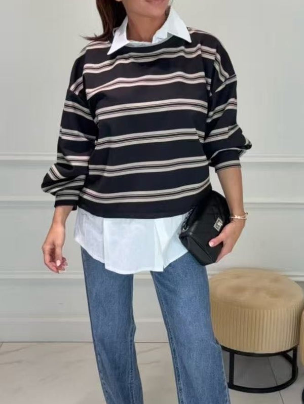 Maglia polo a righe felpato con collo morbido Nero Level Stores