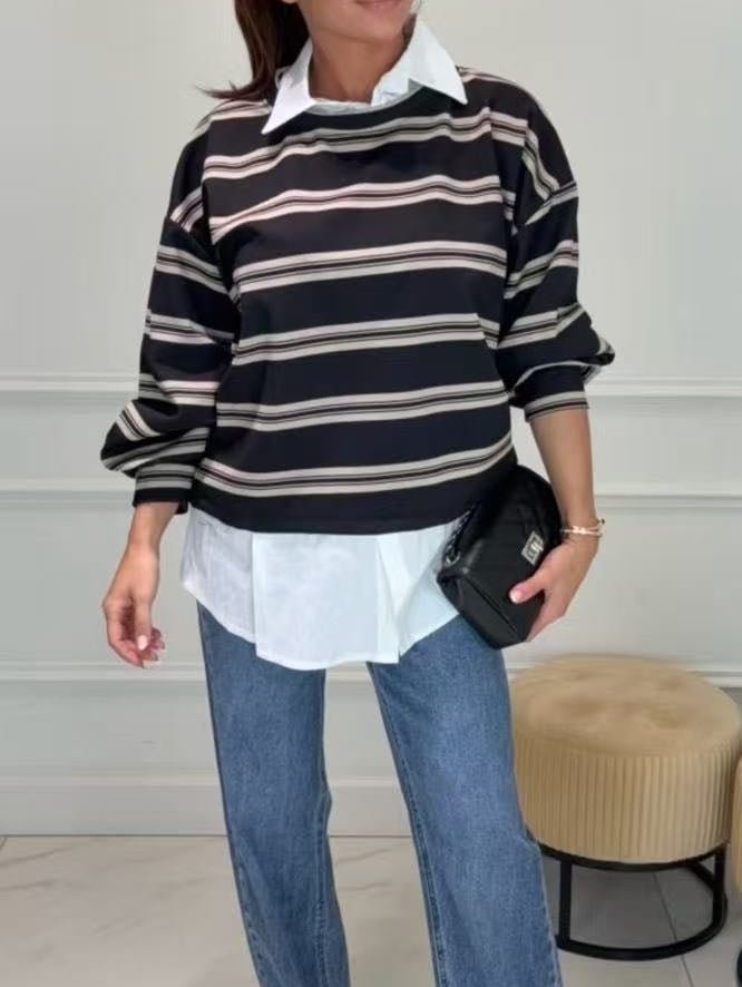 Maglia polo a righe felpato con collo morbido Nero Level Stores