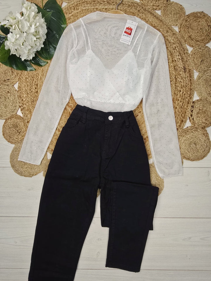 Maglia strass con coppe preformate Bianco Level Stores