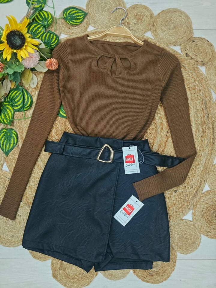 Maglione a costine aderente elasticizzato morbido e caldo Marrone Level Stores