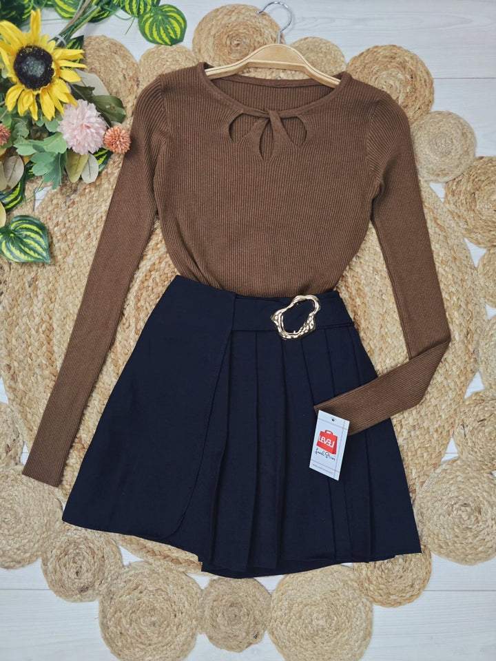 Maglione a costine aderente elasticizzato morbido e caldo Marrone Level Stores