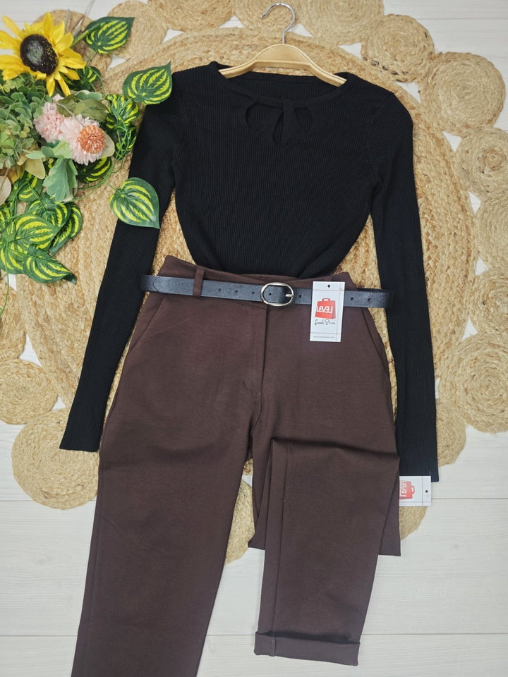 Maglione a costine aderente elasticizzato morbido e caldo Marrone Level Stores