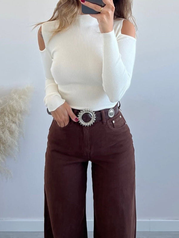 Maglione a costine collo alto aderente elasticizzato Bianco Level Stores