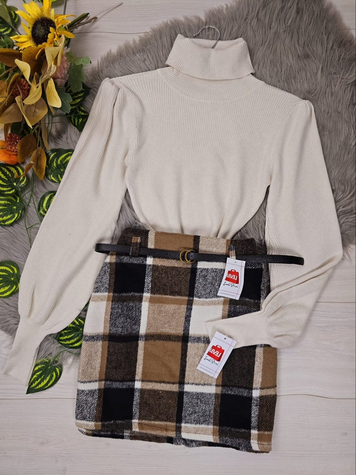 Maglione a costine collo alto e manica lunga a sbuffo modello corto - Beige - Level Stores