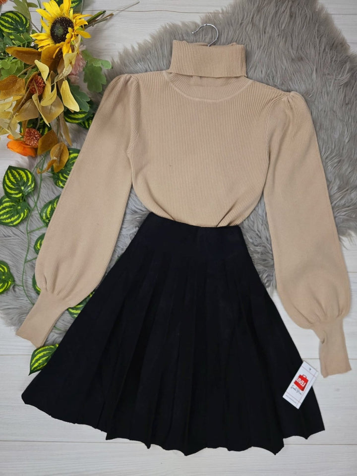 Maglione a costine collo alto e manica lunga a sbuffo modello corto - Beige - Level Stores