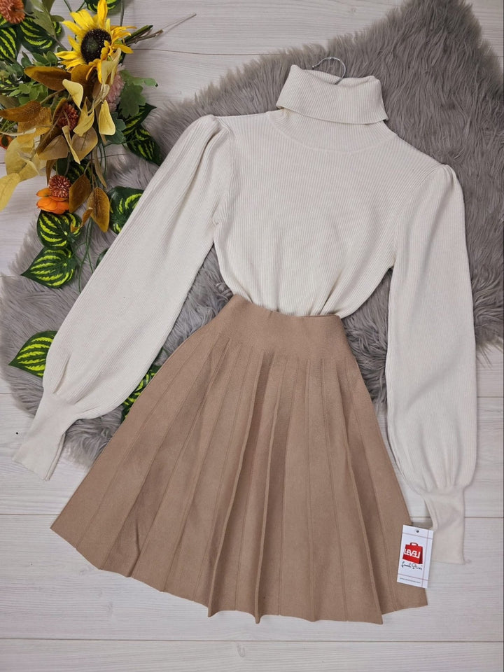 Maglione a costine collo alto e manica lunga a sbuffo modello corto - Beige - Level Stores