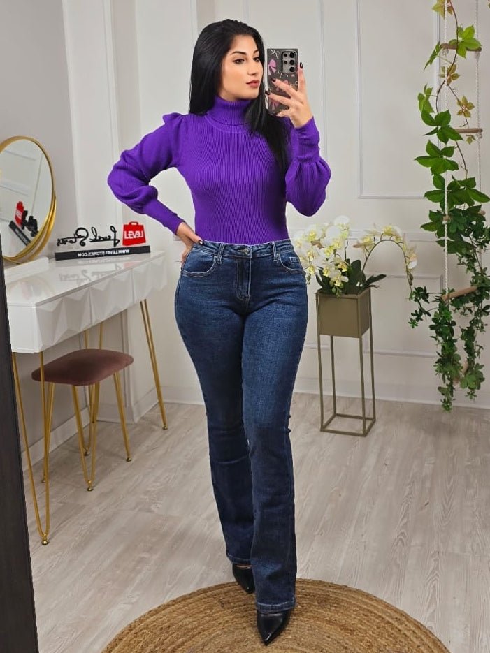 Maglione a costine collo alto e manica lunga a sbuffo modello corto - Viola - Level Stores