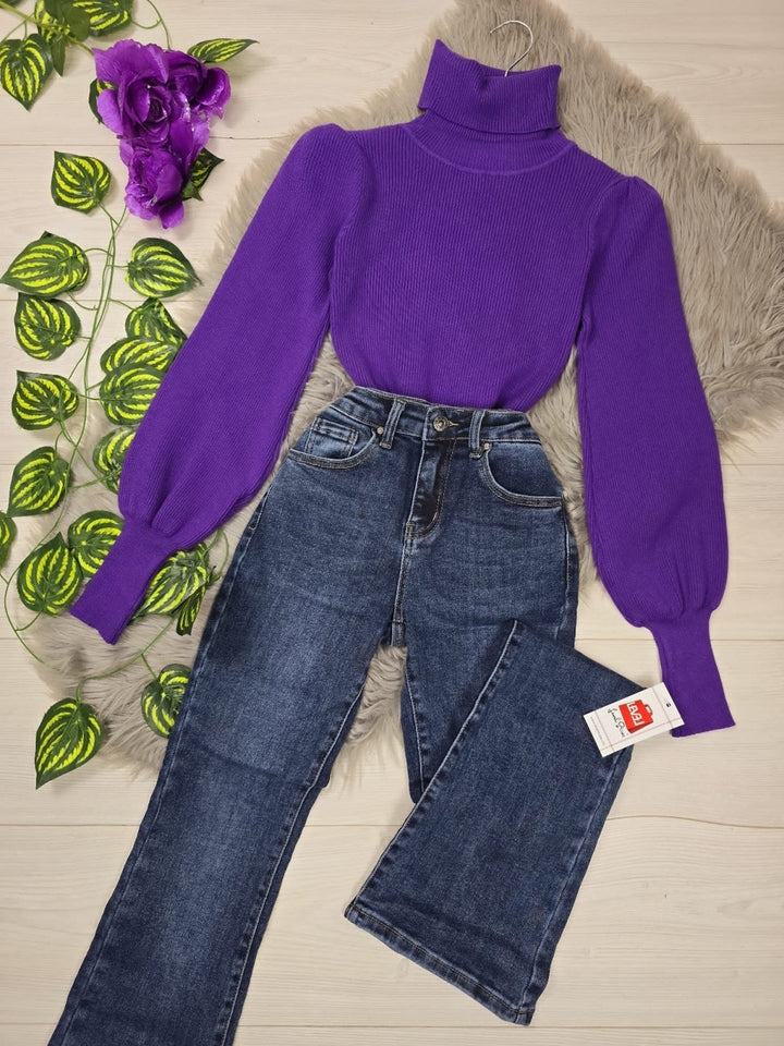 Maglione a costine collo alto e manica lunga a sbuffo modello corto - Viola - Level Stores