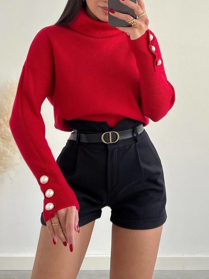 Maglione a costine con bottoni collo alto morbido e caldo Grigio Level Stores