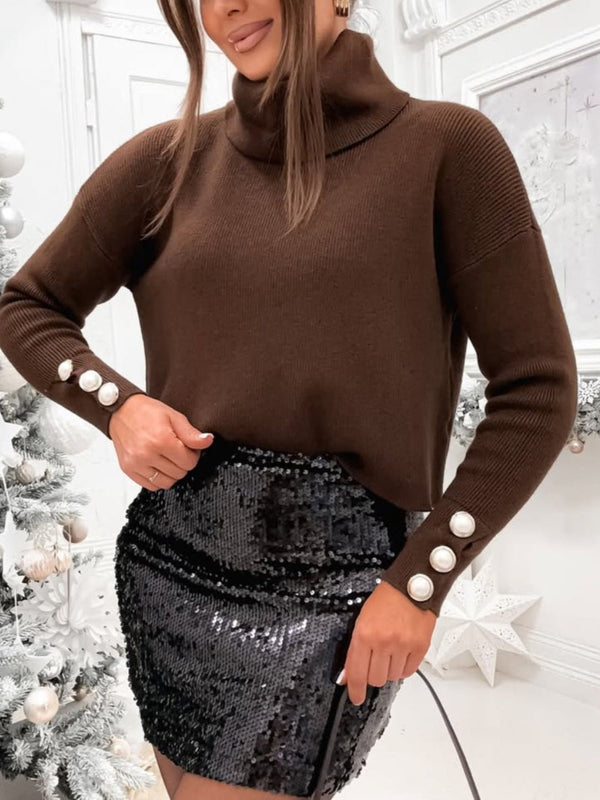 Maglione a costine con bottoni collo alto morbido e caldo Marrone Level Stores