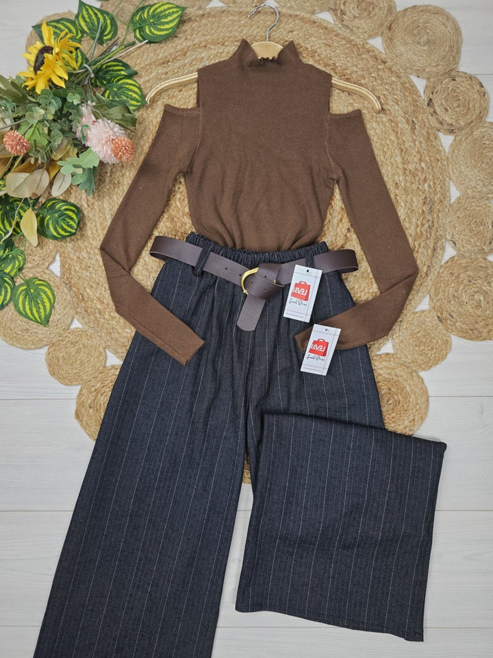 Maglione a costine con collo alto aderente elasticizzato Marrone Level Stores