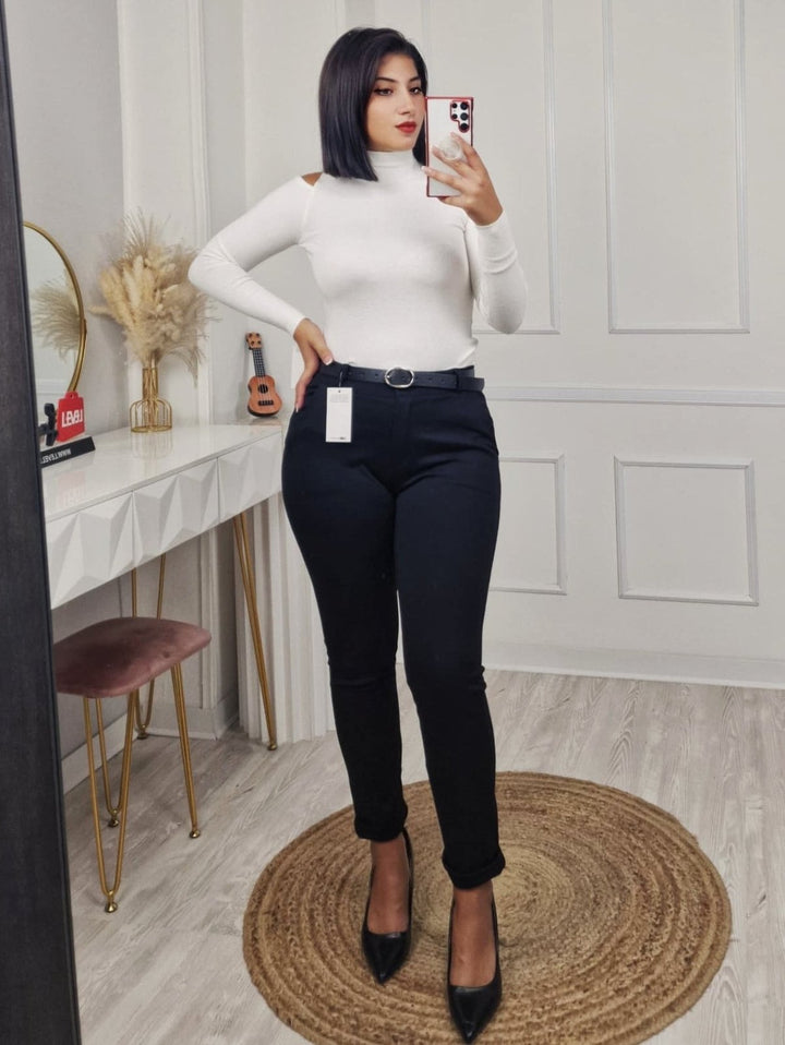 Maglione a costine con collo alto aderente elasticizzato Bianco Level Stores