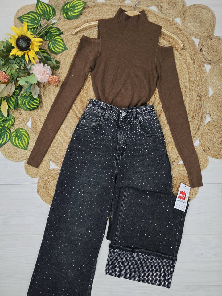 Maglione a costine con collo alto aderente elasticizzato Marrone Level Stores