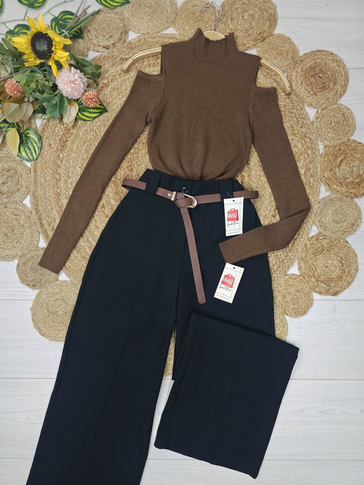 Maglione a costine con collo alto aderente elasticizzato Marrone Level Stores