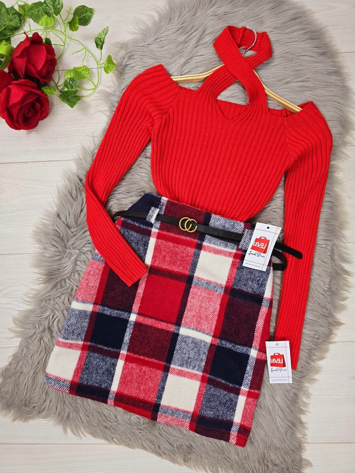 Maglione a costine con scollo a V ad incrocio - Rosso - Level Stores