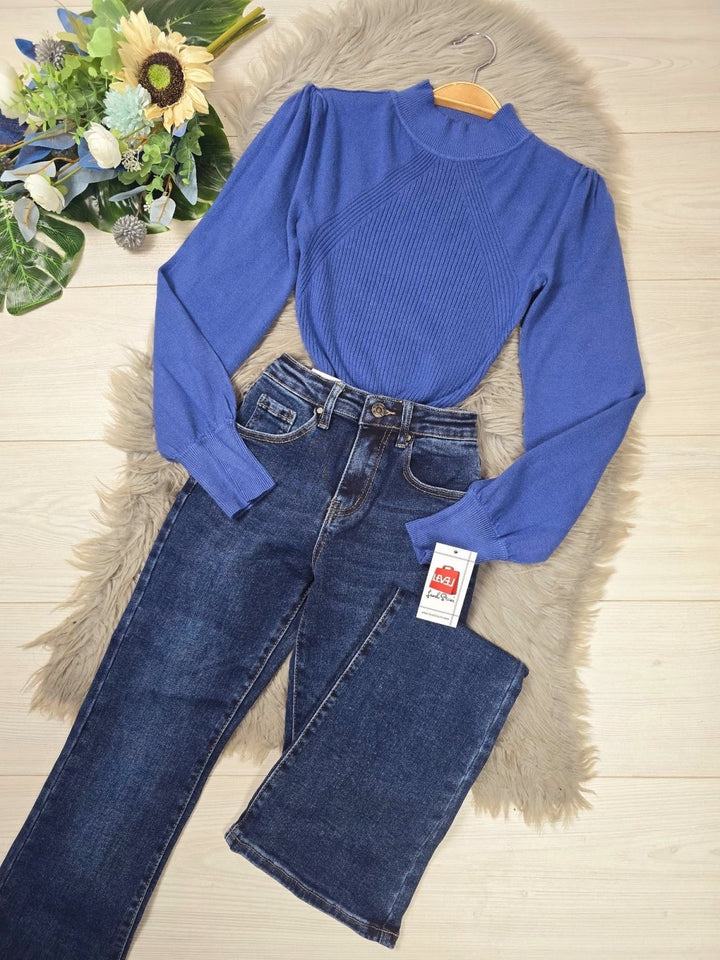 Maglione a costine e manica lunga a sbuffo con bottoni sulle spalle - Blu - Level Stores