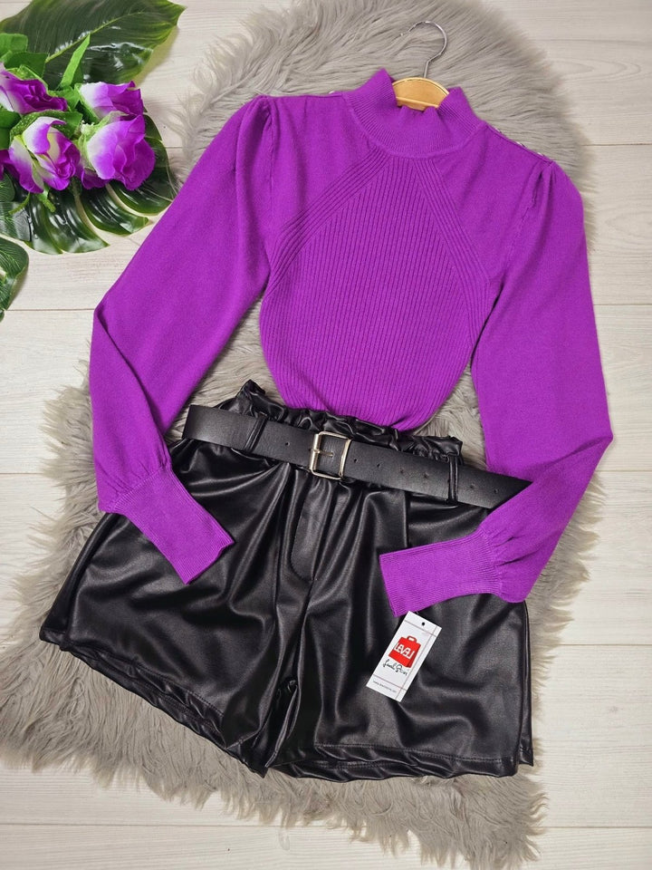 Maglione a costine e manica lunga a sbuffo con bottoni sulle spalle - Viola - Level Stores