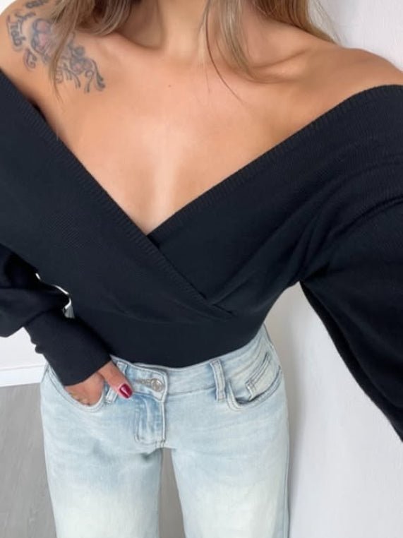 Maglione a costine scollo a v morbido Nero Level Stores