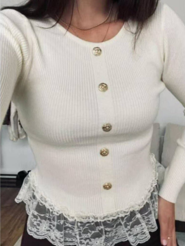 Maglione a costone in pizzo con bottoni aderente elasticizzato morbido e caldo Bianco Level Stores