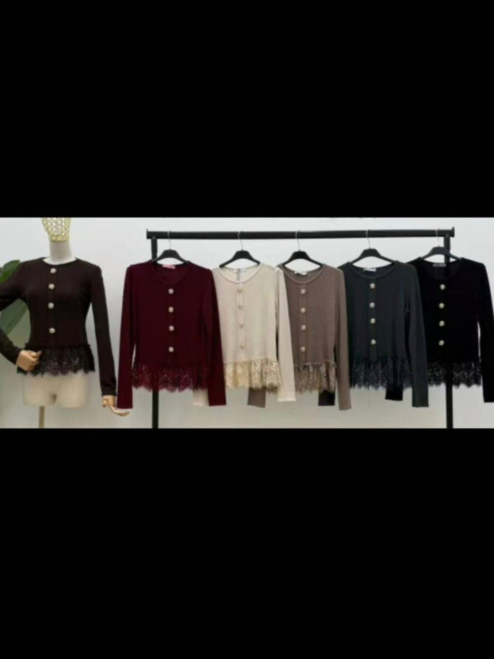 Maglione a costone in pizzo con bottoni aderente elasticizzato morbido e caldo Marrone Level Stores