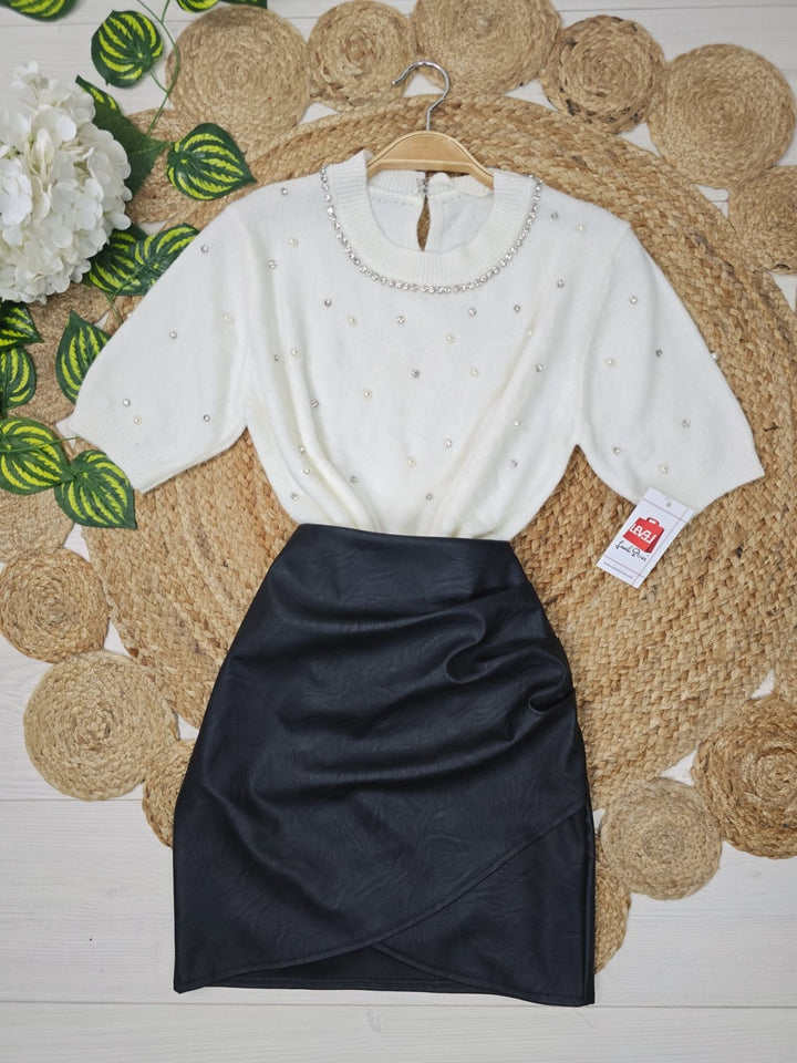 Maglione a mezza manica impreziosito da strass e perle Bianco Level Stores