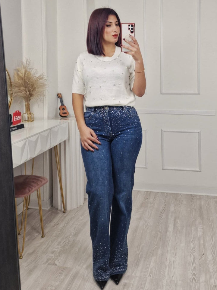 Maglione a mezza manica impreziosito da strass e perle Bianco Level Stores