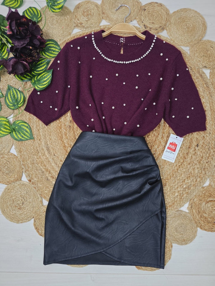 Maglione a mezza manica impreziosito da strass e perle Bianco Level Stores