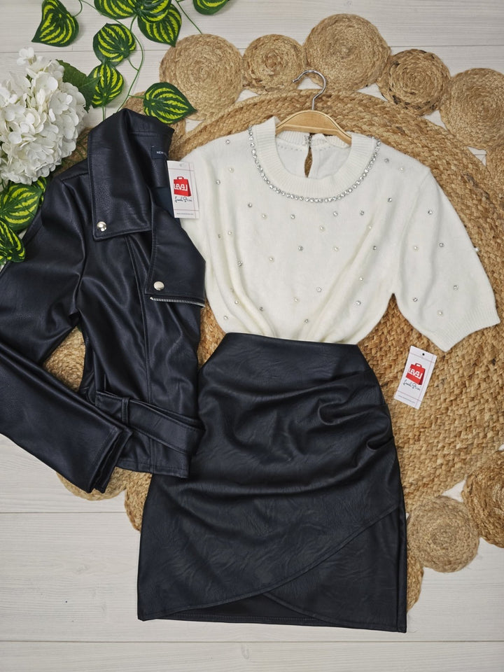 Maglione a mezza manica impreziosito da strass e perle Nero/Grigio Level Stores