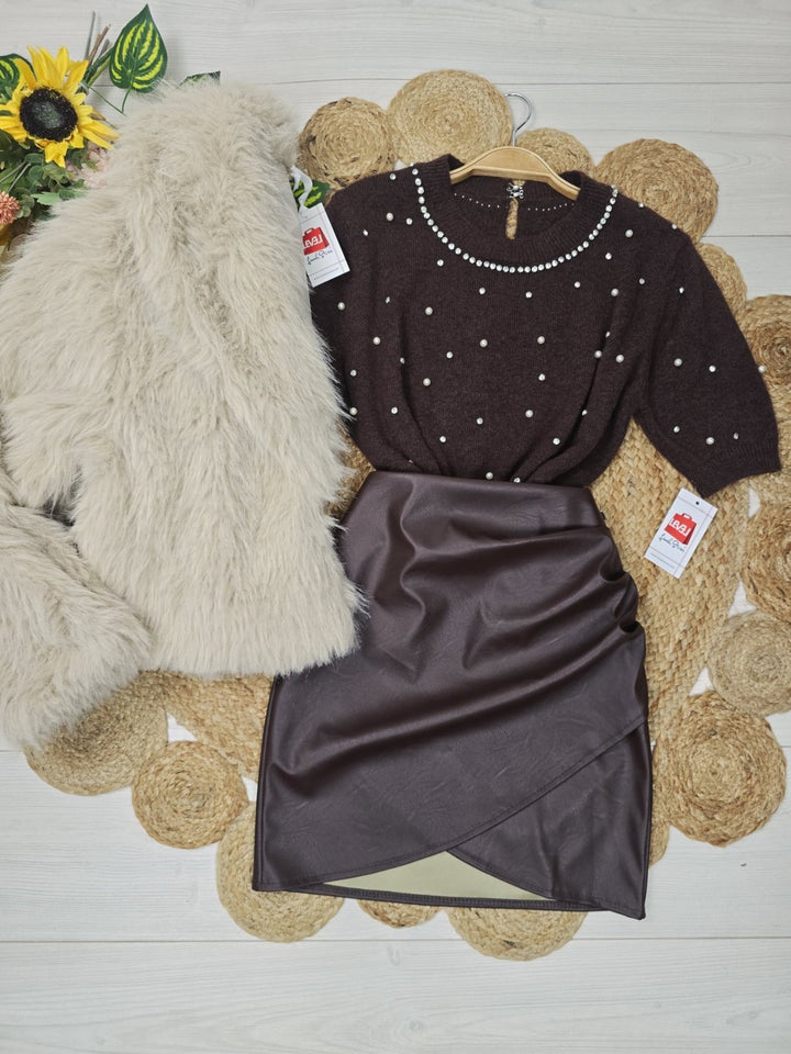 Maglione a mezza manica impreziosito da strass e perle Nero/Grigio Level Stores