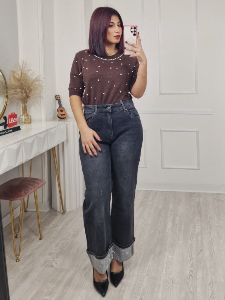 Maglione a mezza manica impreziosito da strass e perle Bianco Level Stores