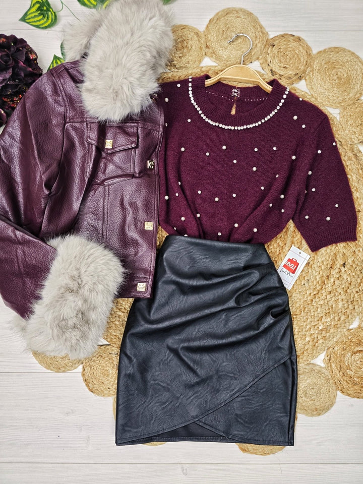 Maglione a mezza manica impreziosito da strass e perle Nero/Grigio Level Stores