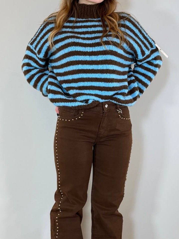 Maglione a righe collo alto morbido e caldo Marrone/Celeste Level Stores