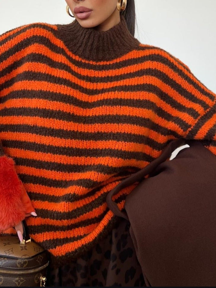 Maglione a righe collo alto morbido e caldo Marrone/Arancione Level Stores