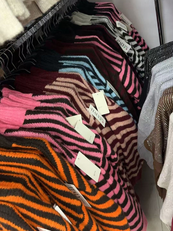 Maglione a righe collo alto morbido e caldo Bianco/Marrone Level Stores