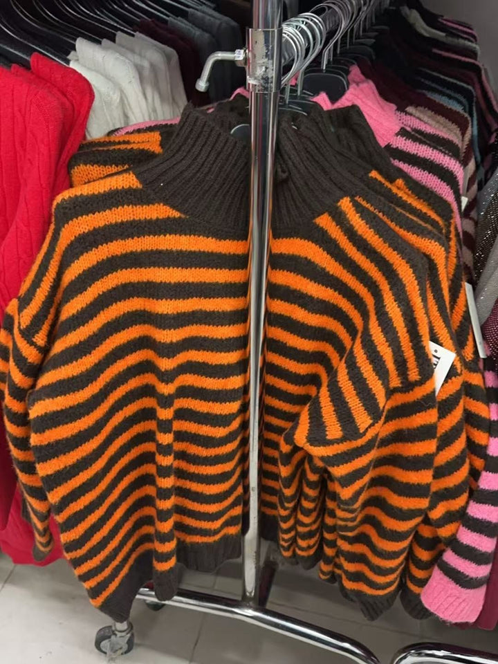 Maglione a righe collo alto morbido e caldo Rosa/Marrone Level Stores