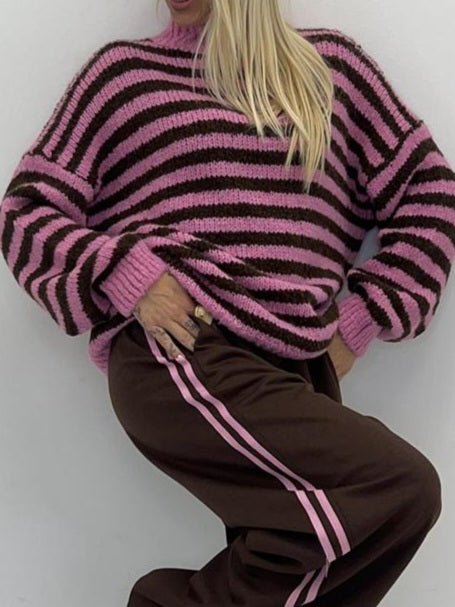 Maglione a righe collo alto morbido e caldo Rosa/Marrone Level Stores
