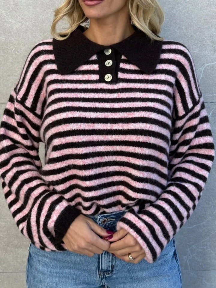 Maglione a righe e con collo pesante morbido e caldo con manica lunga Marrone/Rosa Level Stores
