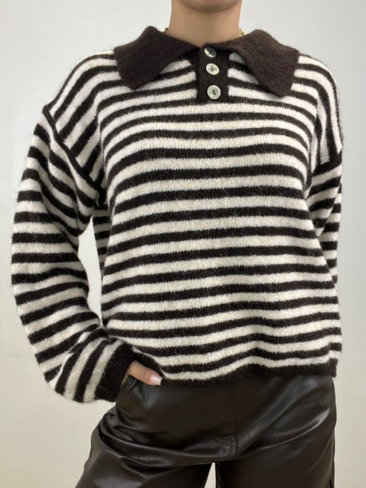 Maglione a righe e con collo pesante morbido e caldo con manica lunga Marrone/Bianco Level Stores