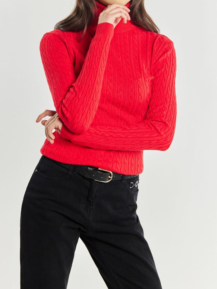 Maglione collo alto&nbsp; lunghezza normale con motivo a intreccio Rosso Level Stores