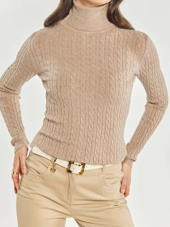Maglione collo alto&nbsp; lunghezza normale con motivo a intreccio Beige Level Stores