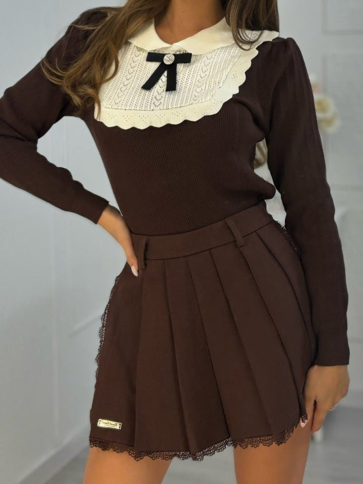 Maglione con colletto a fiocco morbido e caldo, Marrone Level Stores