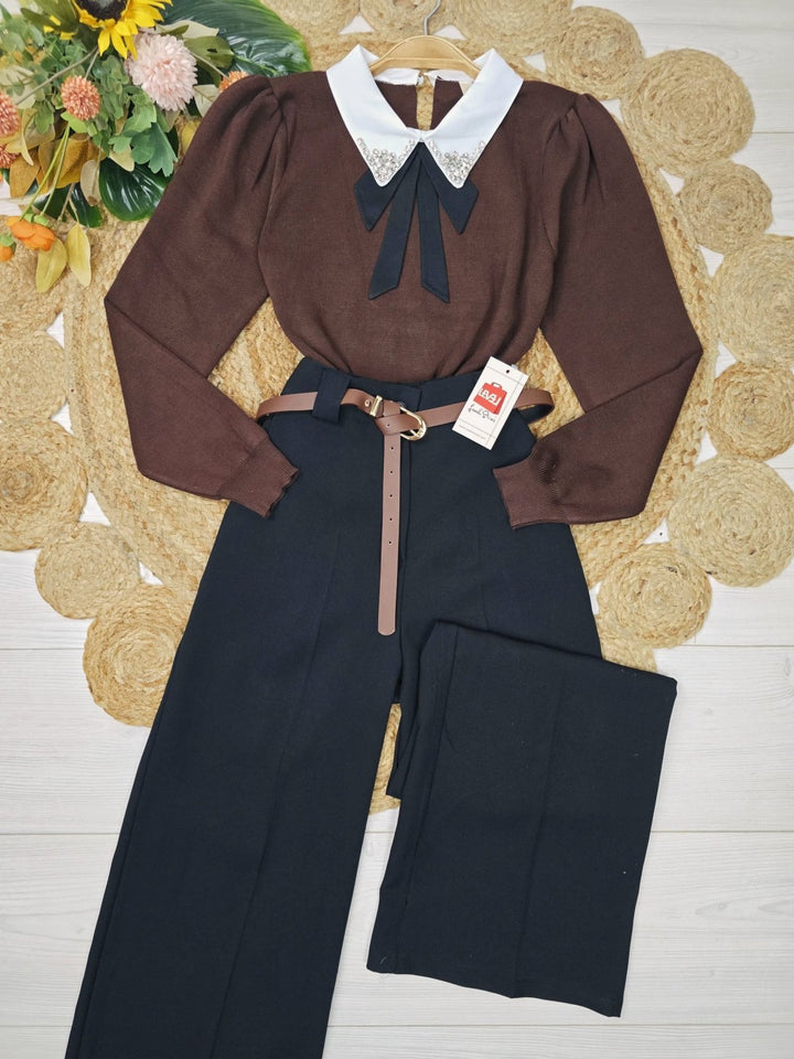 Maglione con colletto della camicia con fiocco strass morbido e caldo Panna Level Stores