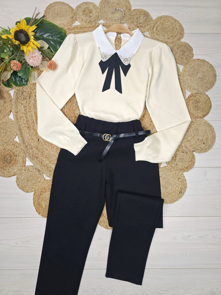 Maglione con colletto della camicia con fiocco strass morbido e caldo Panna Level Stores